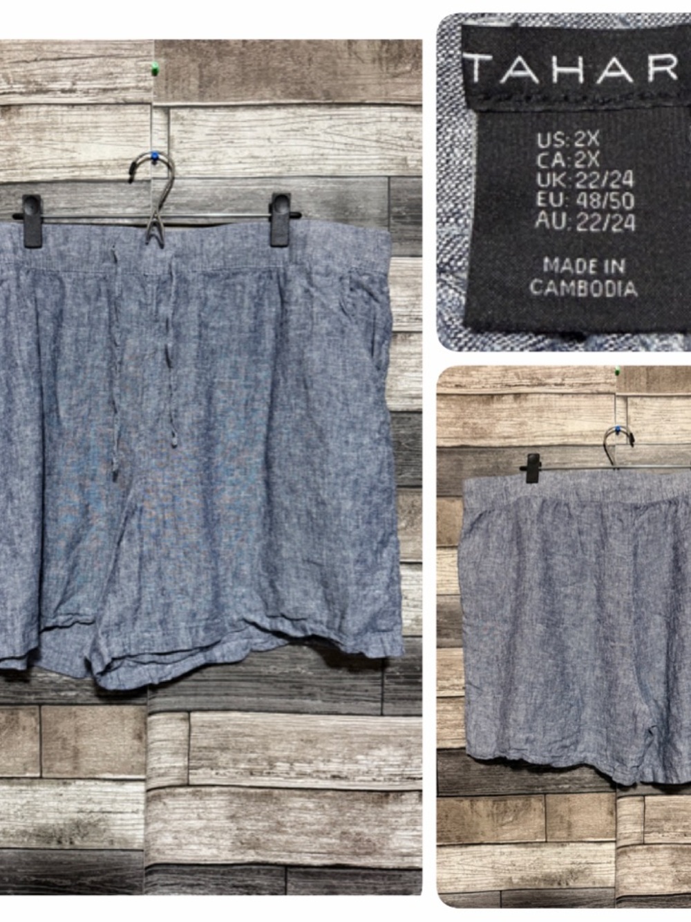 Tahari Shorts Women’s 2X Blue Linen Blend 5.5” Inseam High Waisted Pull On